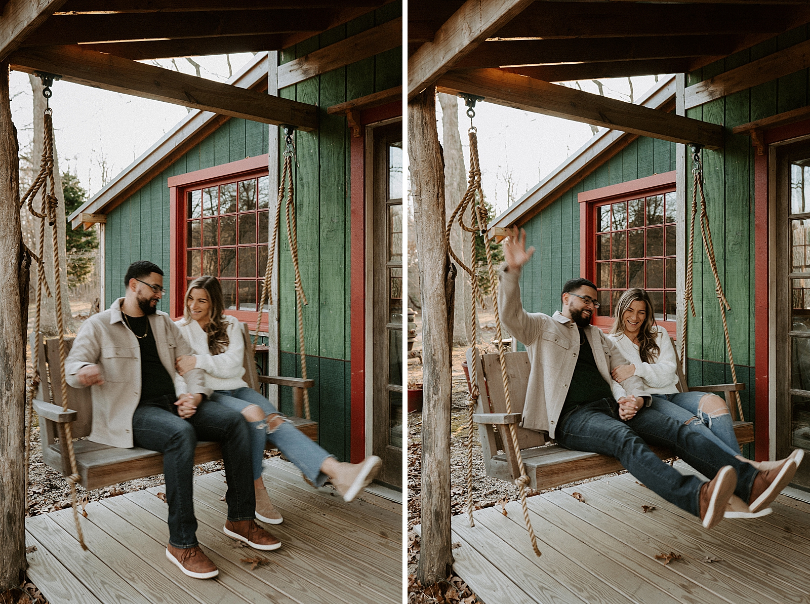Couple sitting on hanging wooden bench with legs up in the air