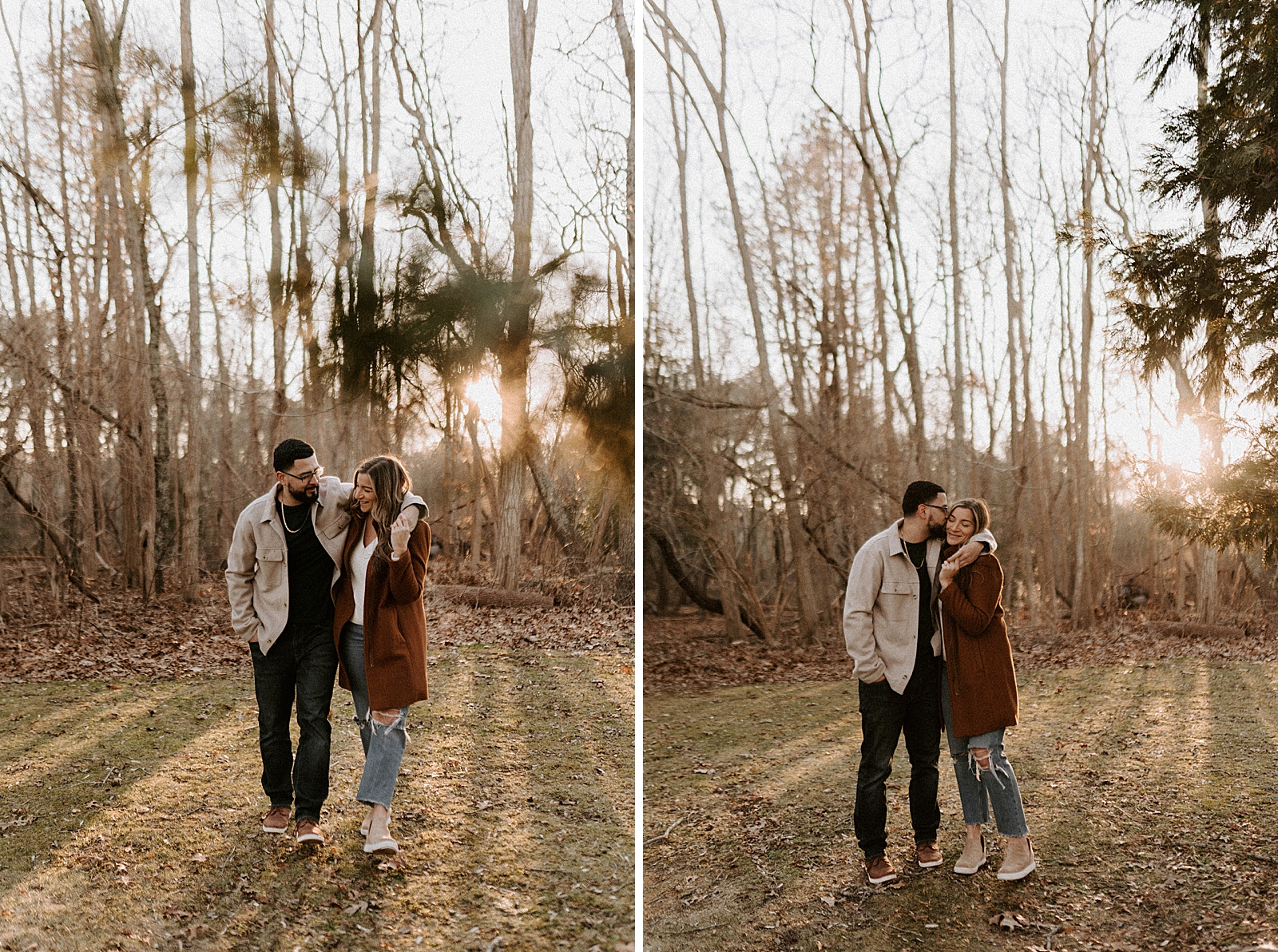 Couple with arms around each other out in the forest