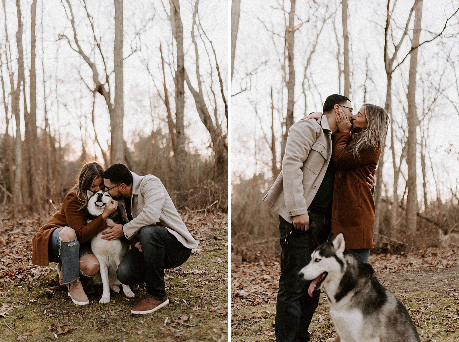 Couple kneeling down to pet Husky dog out in Fall forest