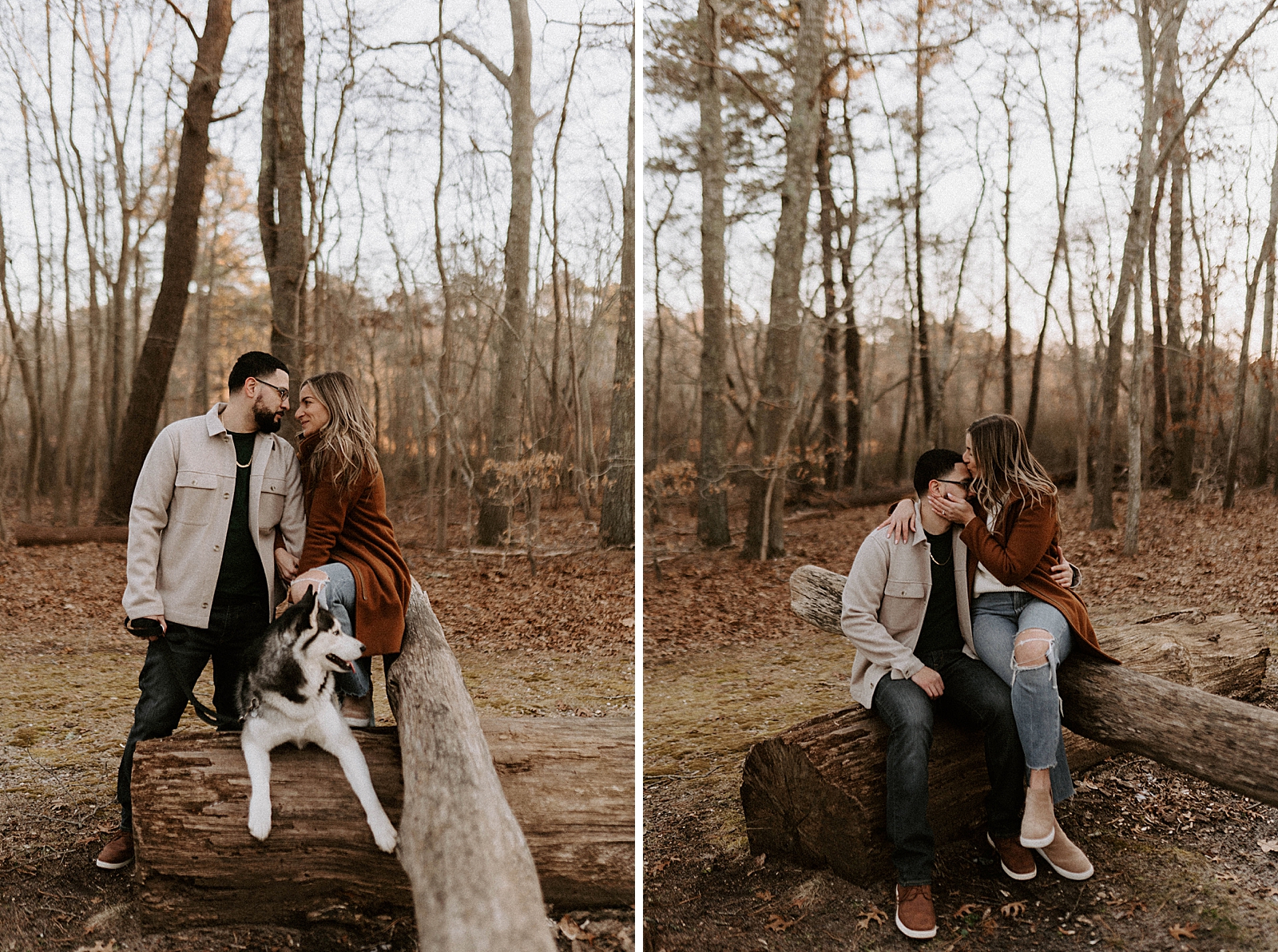 Couple next to each other looking at each other with Husky dog next to fallen tree log