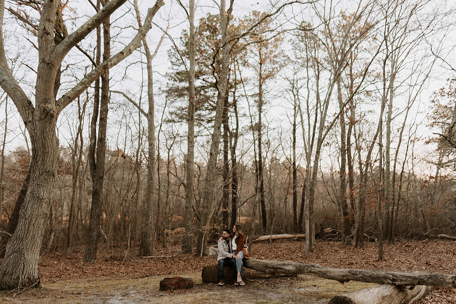 Wide shot of couple sitting of log together in Fall forest