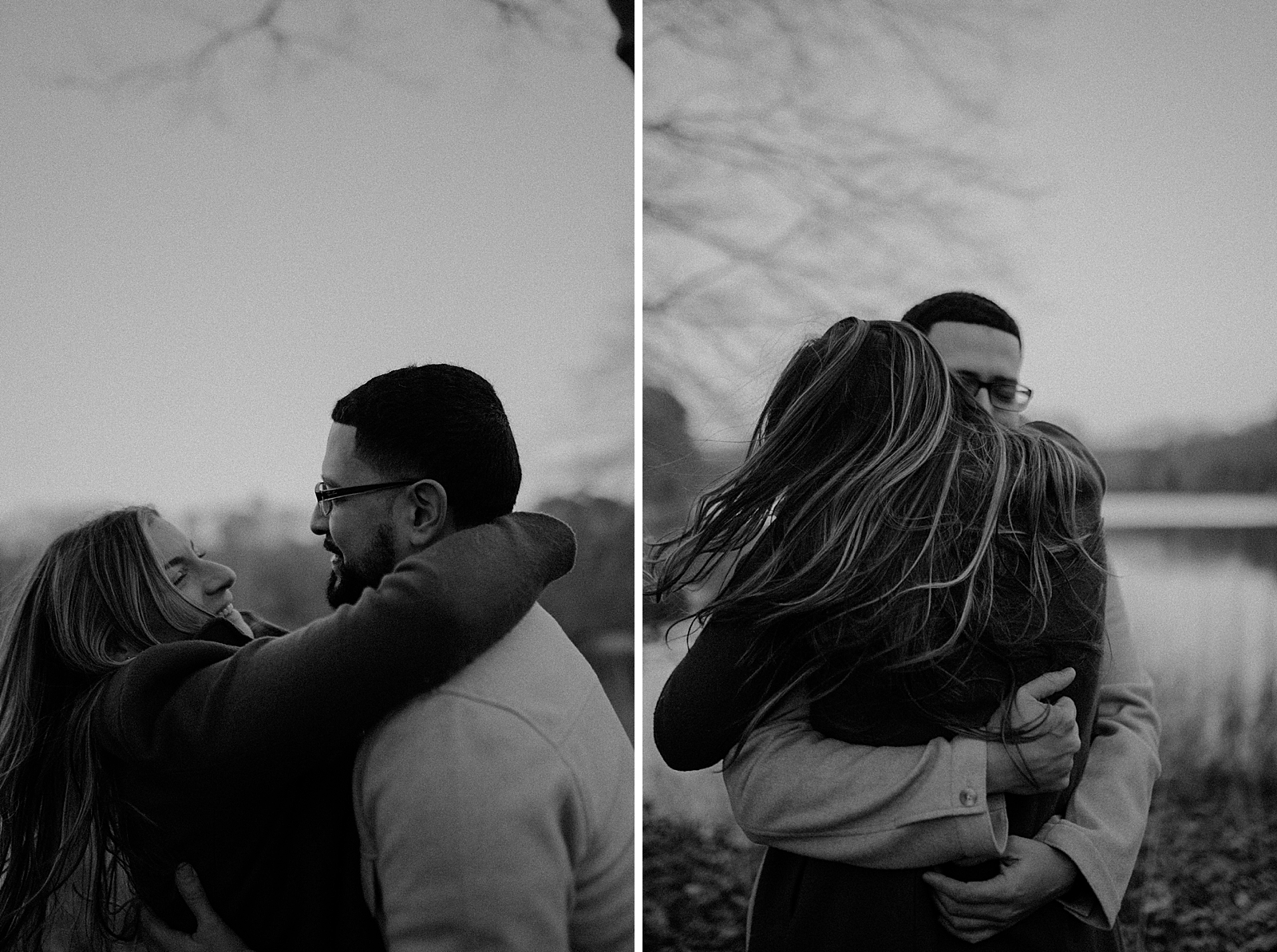 B&W Couple hugging each other in the forest