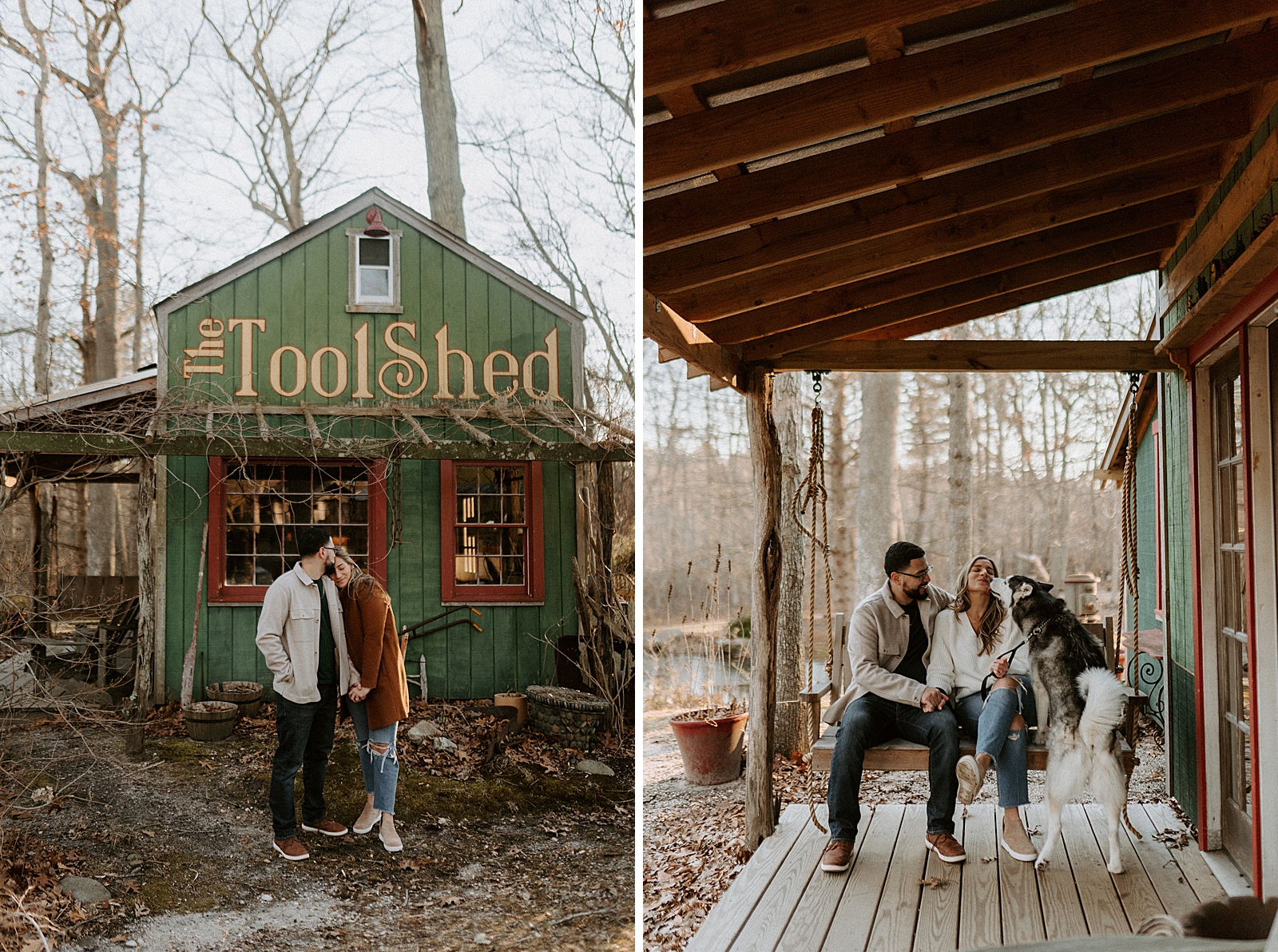 Couple holding each other close in front of The Tool Shed and sitting together