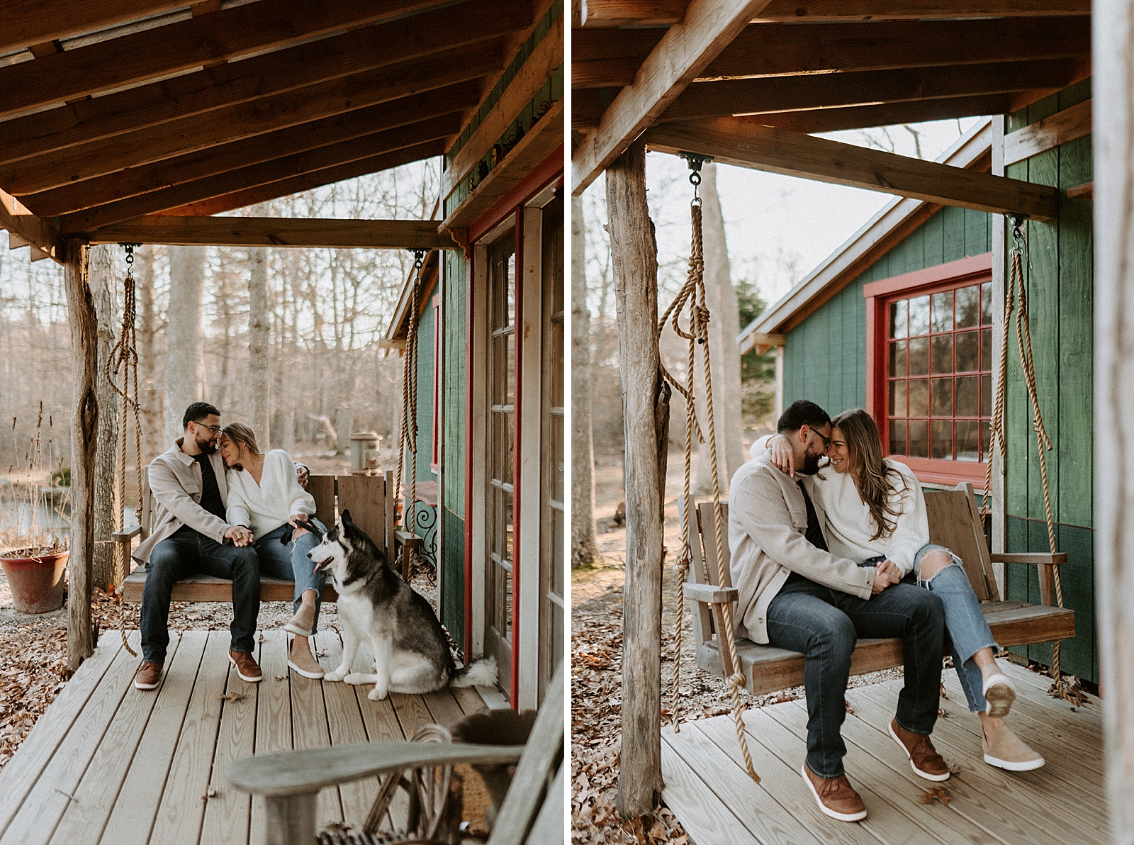Couple resting on each other while sitting on wooden bench on the porch