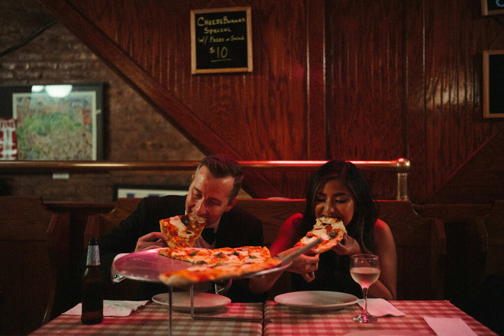 Unique New York Engagement Session Ideas & Locations - grab a New York Slice at Saluggi's Pizza